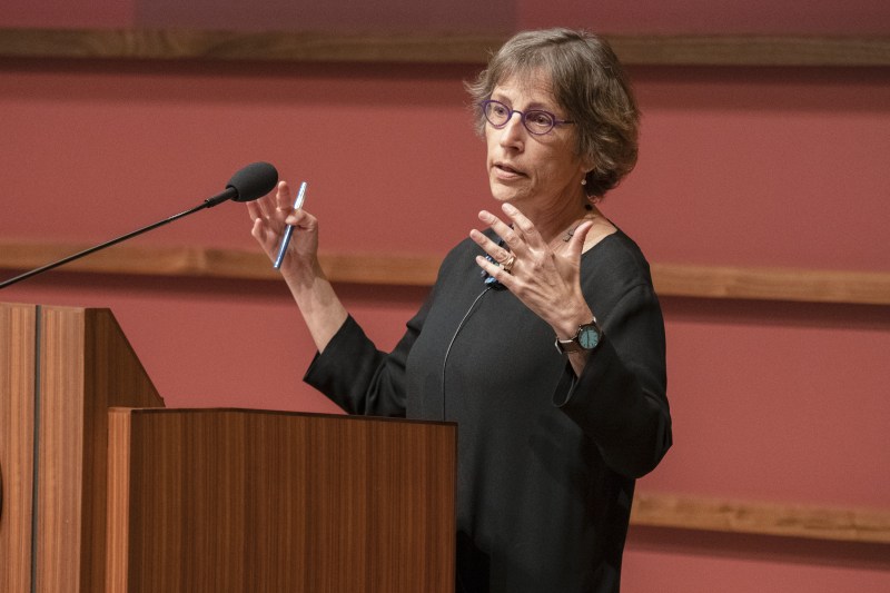 Debra Satz speaks at a meeting of the Academic Council in 2019