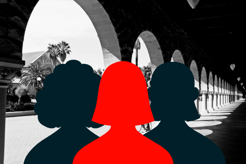 Silhouettes of three female students in front of main quad arches