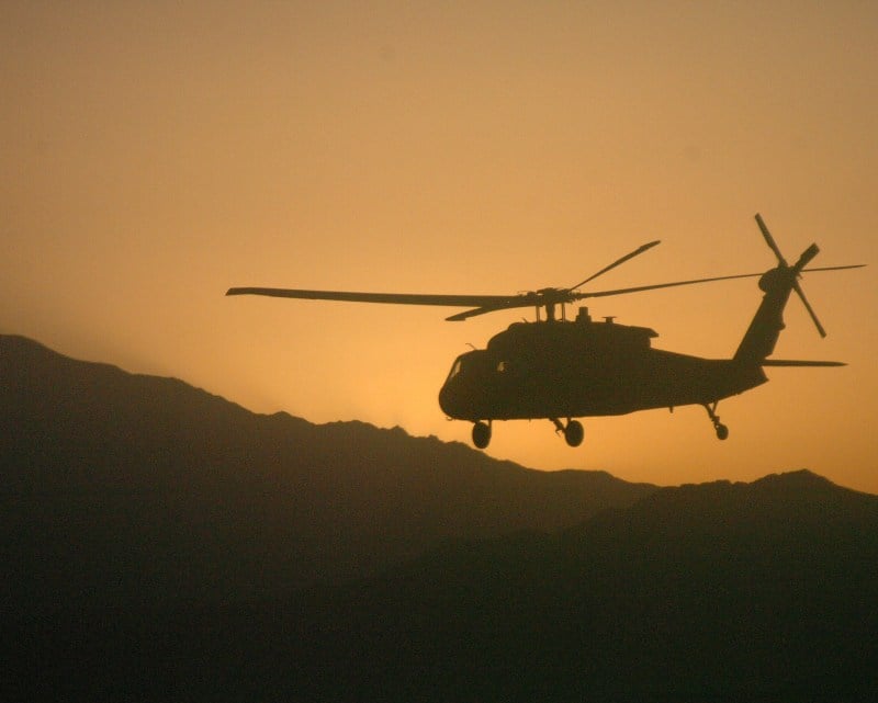 A UH-60 Black Hawk helicopter in Afghanistan, flying
