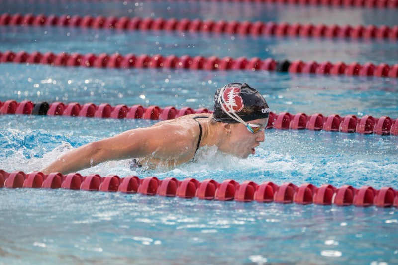 Regan Smith swimming butterfly in the pool of Stanford's Avery Aquatic Center.