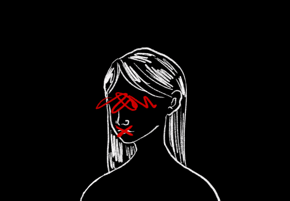 A graphic with a black background depicting a woman drawn in white with red marks across her eyes and mouth.