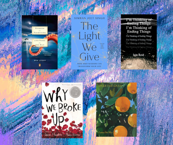 Five book covers including “Stories for Nighttime and Some for the Day”, which features an octopus tentacle and spaceship, "The Light We Give", "I'm Thinking of Ending Things", "Why We Broke Up", and "Violet Bent Backwards Over the Grass".