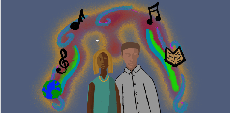 A graphic showing two people standing in front of colorful swirls