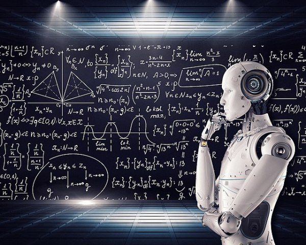 Humanoid robot in a contemplating pose against a dimly lit blackboard cover in complex mathematical formula