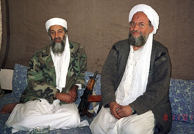 Ayman al-Zawahiri (right) sits with Osama bin Laden