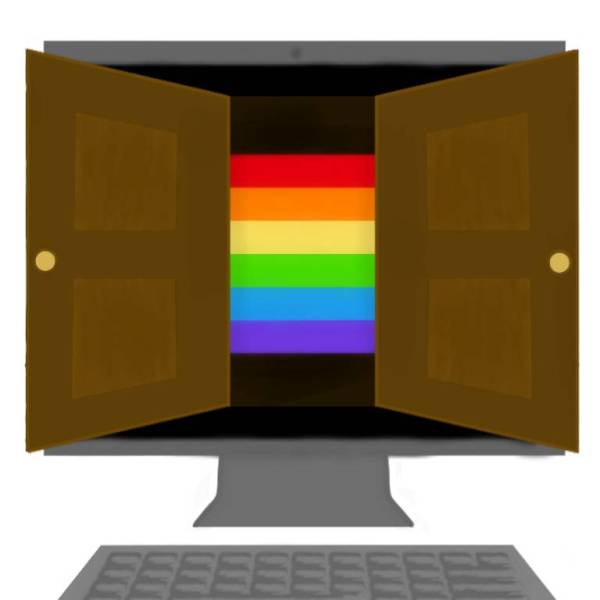A computer whose closet-like doors are opening up, displaying the rainbow inside.