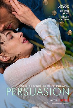Anne Elliot (Dakota Johnson) embraces Captain Frederick Wentworth (Cosmo Jarvis) in the offical release poster for Persuasion