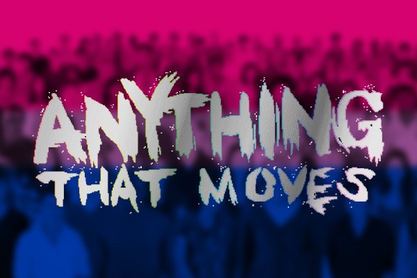the text "ANYTHING THAT MOVES" written in funky shapes, on top of a background