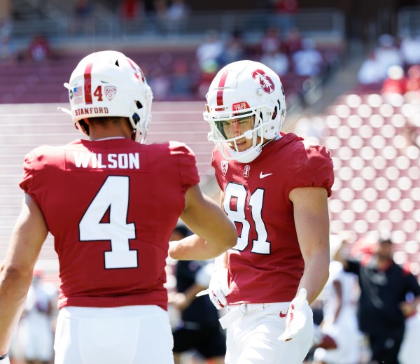 Senior wide receivers Michael Wilson and Brycen Tremaine before the spring game on April 9, 2022. Both Wilson and Tremaine returned from injury and performed well against Colgate. Wilson led the Cardinal with two receiving touchdowns. (Photo: Bob Drebin/ISI Photos)