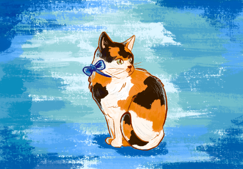 A drawing of a calico cat — colored orange, black, white — with a blue bow on its neck. The cat sits in front of a blue brushed background.