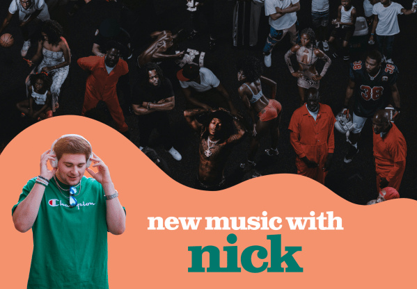 a wavy orange shape with the words "new music with nick" and a photo of Nick Sligh overlays a picture of the album cover of "The Forever Story," which depicts a crowd of Black folks in various situations