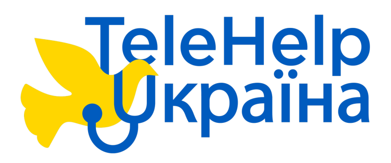 TeleHelp Ukraine logo with blue lettering which reads "TeleHelp Україна" next to a yellow dove. The Y overlaps with the dove, forming a stethoscope on the dove.