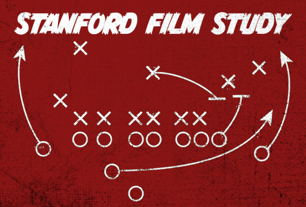 Graphic that reads "Stanford Film Study" with red background and X's and O's representing a football play