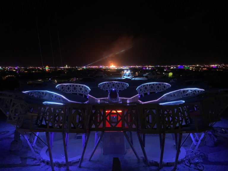 Catharsis art installation at Burning Man festival seen from high up.