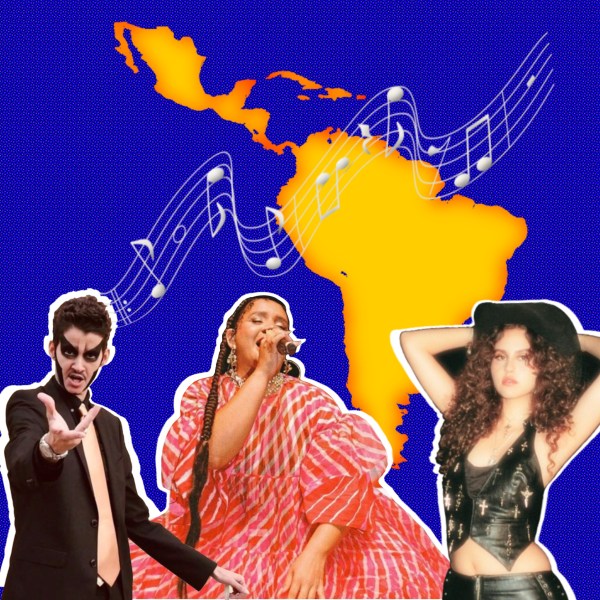 Graphic with a blue background; yellow silhouette of Mexico, the Caribbean, and South America; photos of Rita Indiana, Lido Pimienta and Estevie are in the foreground, with musical notes waving above their heads