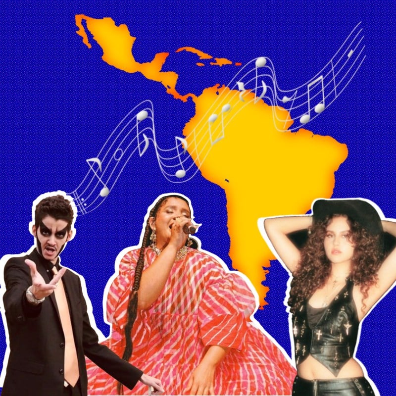 Graphic with a blue background; yellow silhouette of Mexico, the Caribbean, and South America; photos of Rita Indiana, Lido Pimienta and Estevie are in the foreground, with musical notes waving above their heads
