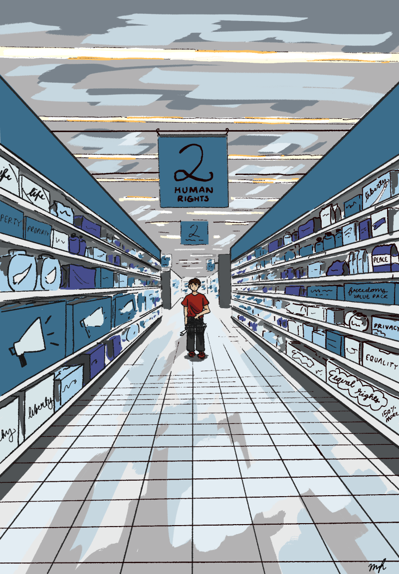 An perspective drawing of a supermarket aisle with a young man in a red shirt in the center of the image. A sign hanging from the ceiling says 2 Human Rights.