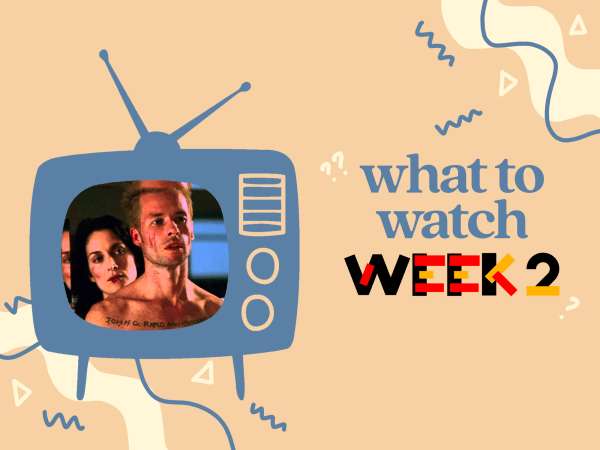 On a tan background is a graphic of a blue television set with the photo of a woman standing behind a man, both with gashes on their faces. Next to the television set is the caption: "what to watch week 2."