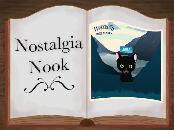 Graphic for Nostalgia Nook with an open book with one page with words "NOSTALGIA NOOK" and the next page with a poster of of a black cartoon cat