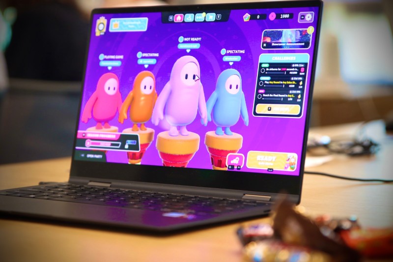 Computer screen showing video game on a table