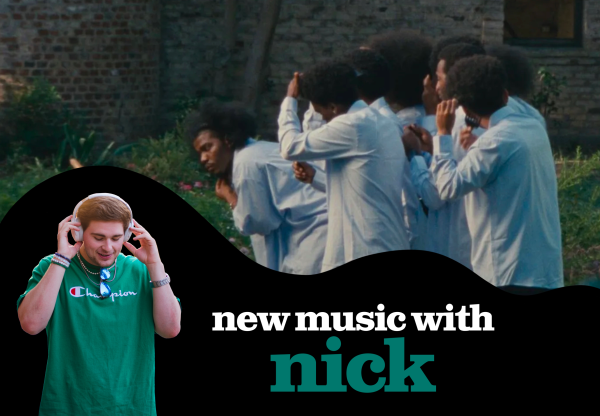 a graphic with the album cover of Smino's "Luv 4 Rent" in the background, depicting eight Black folks doing their hair in front of a wooden vanity. In the foreground, a black shape silhouettes a photo of a young man in a green sweatshirt, alongside text that reads "new music with nick"