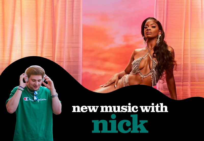 Graphic with the cover of "age/sex/location" in the background; it is a photo of Ari Lennox laying on her side against a sunset backdrop. In front of the album cover there is a black label that says "new music with nick" and shows a photo of him wearing a green shirt and headphones.