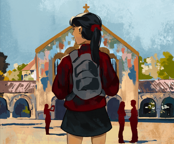 A Stanford student glances around Main Quad and toward Memorial Church