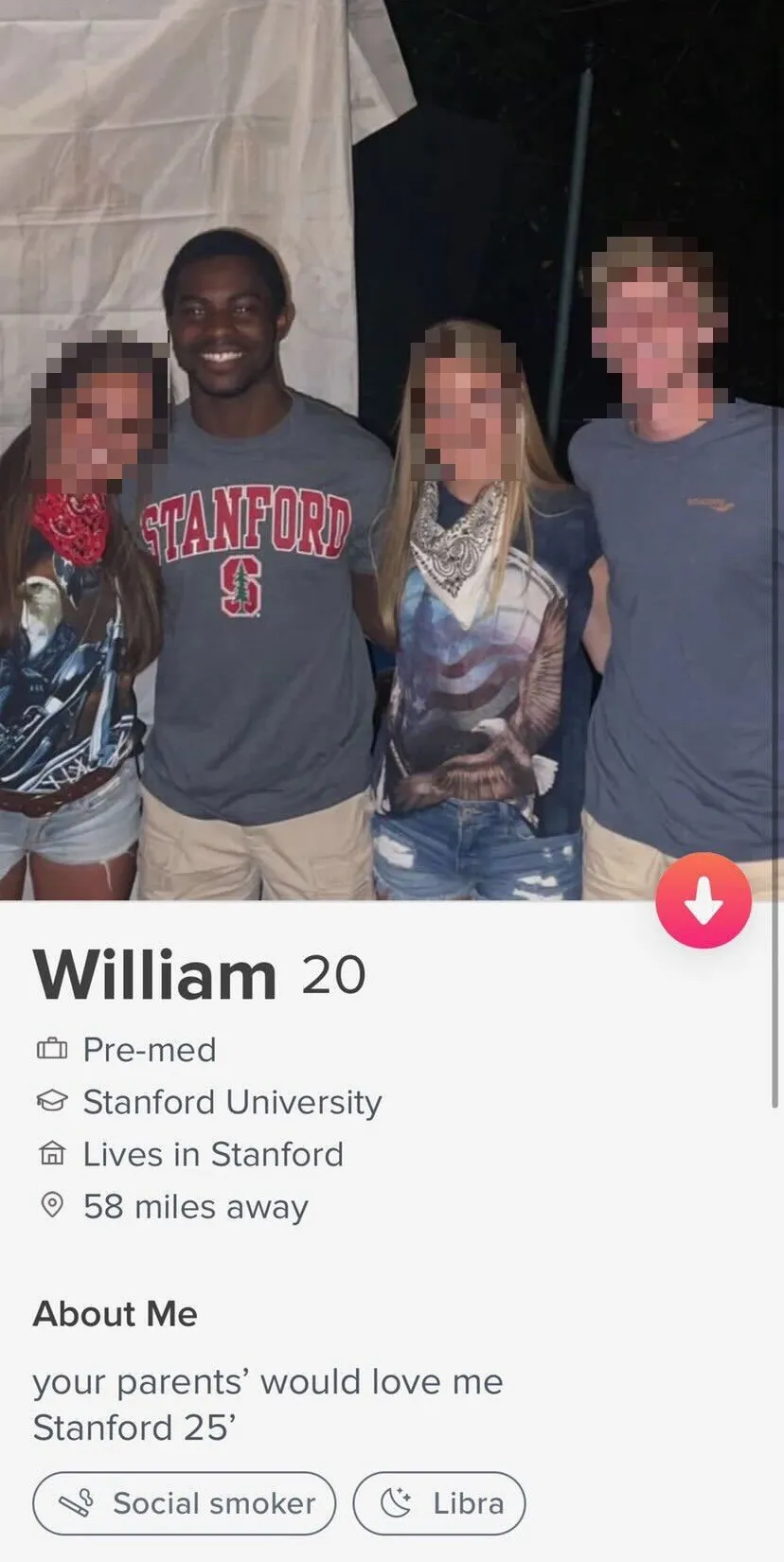 A Tinder profile for "William, 20, pre-med at Stanford." The profile says "your parents would love me." The photo shows Curry in a Stanford sweatshirt surrounded by others.