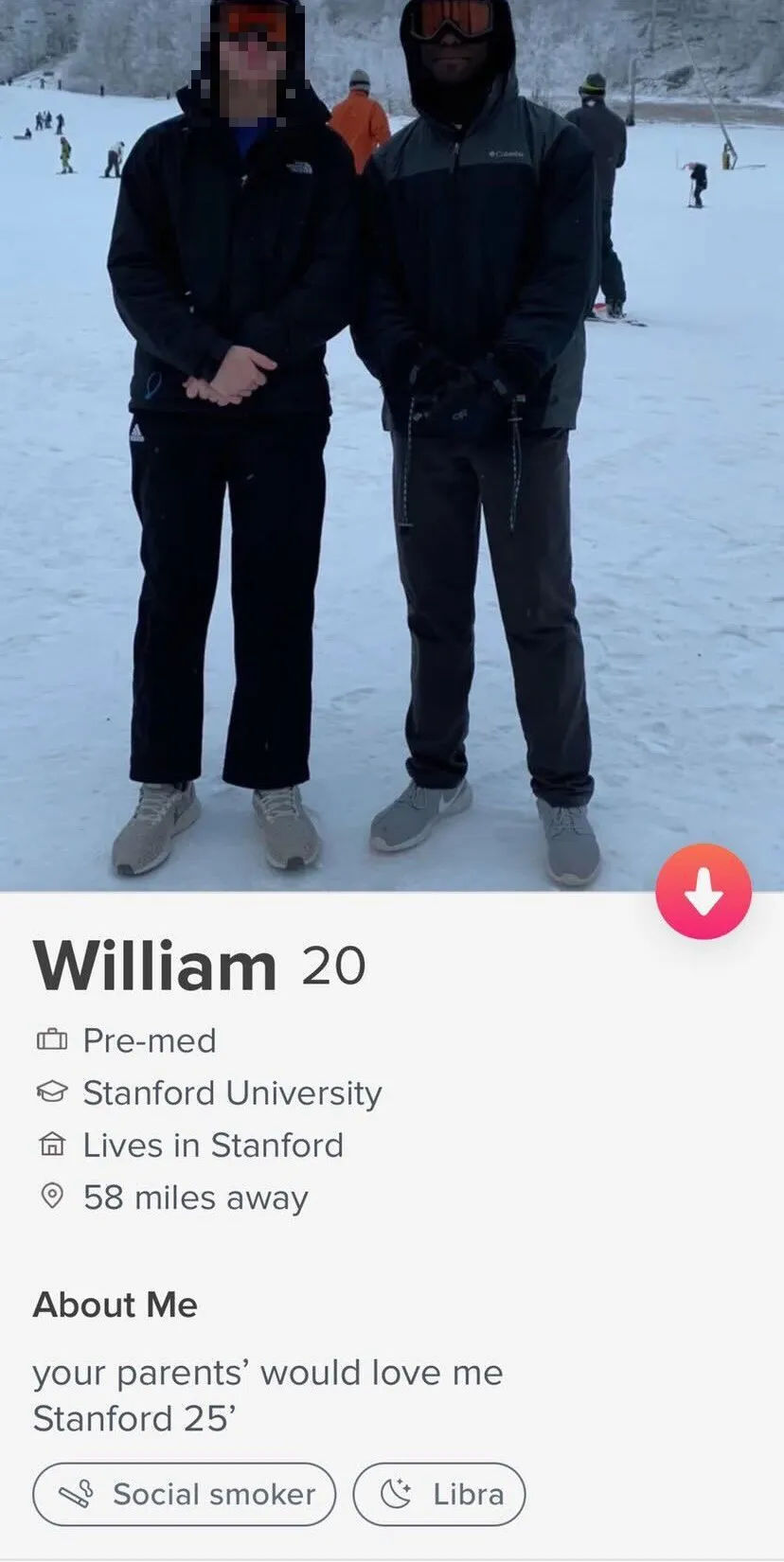 A Tinder profile for "William, 20, pre-med at Stanford." The profile says "your parents would love me." The photo shows Curry standing next to another man, both puffing out their chests and clutching their hands at waist level. The background is snowy and the two are wearing ski goggles.