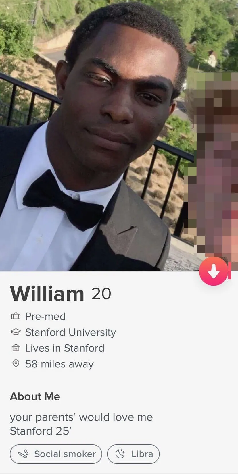 A Tinder profile for "William, 20, pre-med at Stanford." The profile says "your parents would love me." The photo shows a close up of Curry in a tux.