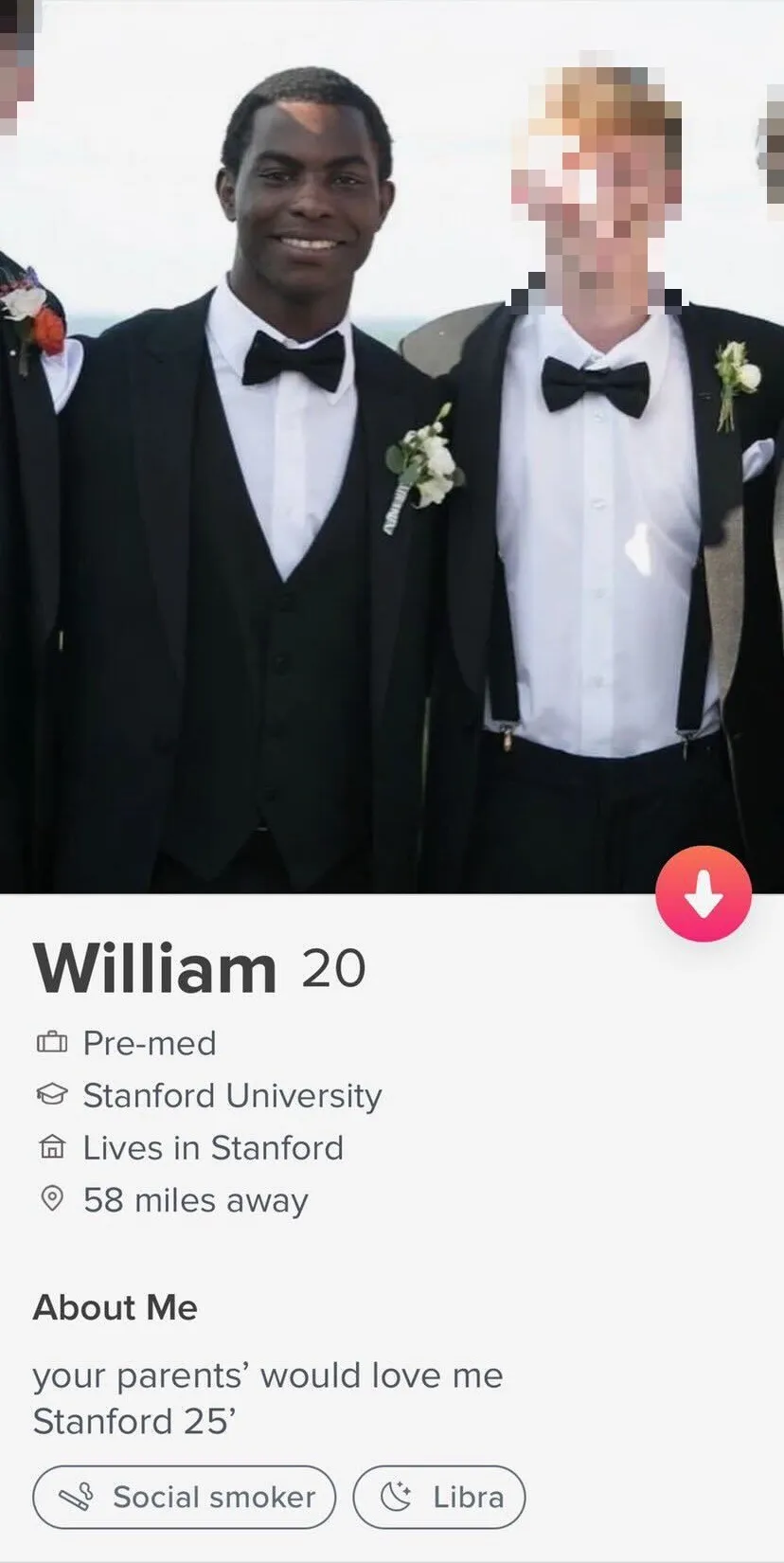 A Tinder profile for "William, 20, pre-med at Stanford." The profile says "your parents would love me." The photo shows Curry and a friend posing in black tuxes with white boutonnieres.