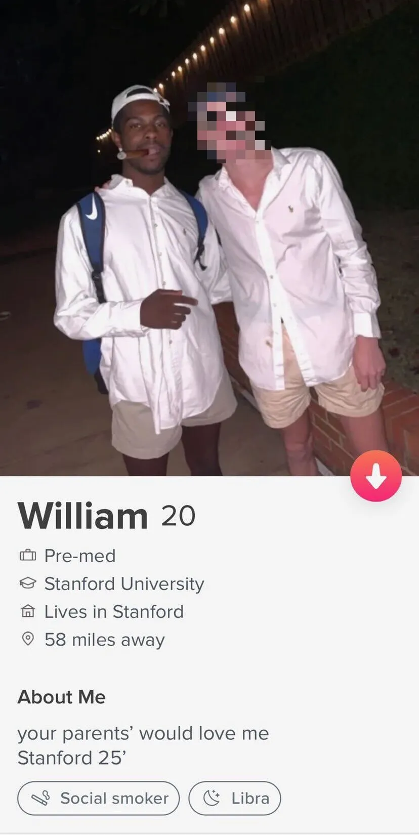 A Tinder profile for "William, 20, pre-med at Stanford." The profile says "your parents would love me." The photo shows Curry smoking a cigar in a collared shirt with another man, both wearing backwards baseball caps.