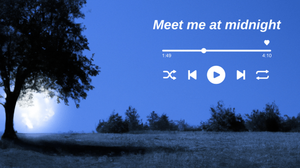 A landscape at midnight with a sound bar overlay and the phrase "Meet me at midnight."