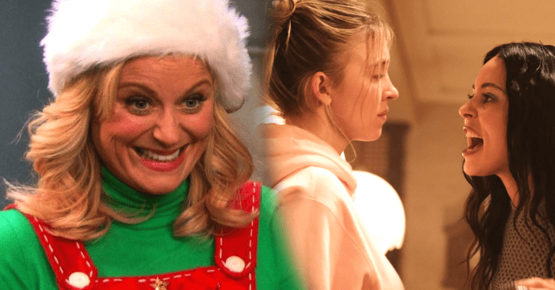 Image of Amy Pohler in a christmas costume from Parks and Rec along with a screencap of Euphoria with Sydney Sweeney being screamed at by Alexa Demie