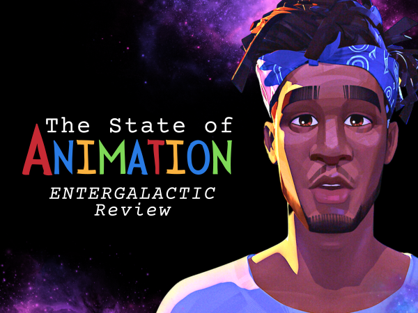 The graphic centers on the face of a Black man looking with confusion and wonderment out towards the viewer. He's wearing a purple shirt with a purple bandana wrapped around his tousled hair. The man is set against a background of a galaxy. To his left is written the text: "The State of Animation: Entergalactic Review"