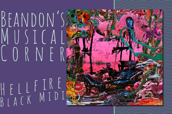 A graphic with a purple background, light blue text reading "Beandon's Musical Corner: Hellfire black midi" and a photo of the abstract album cover