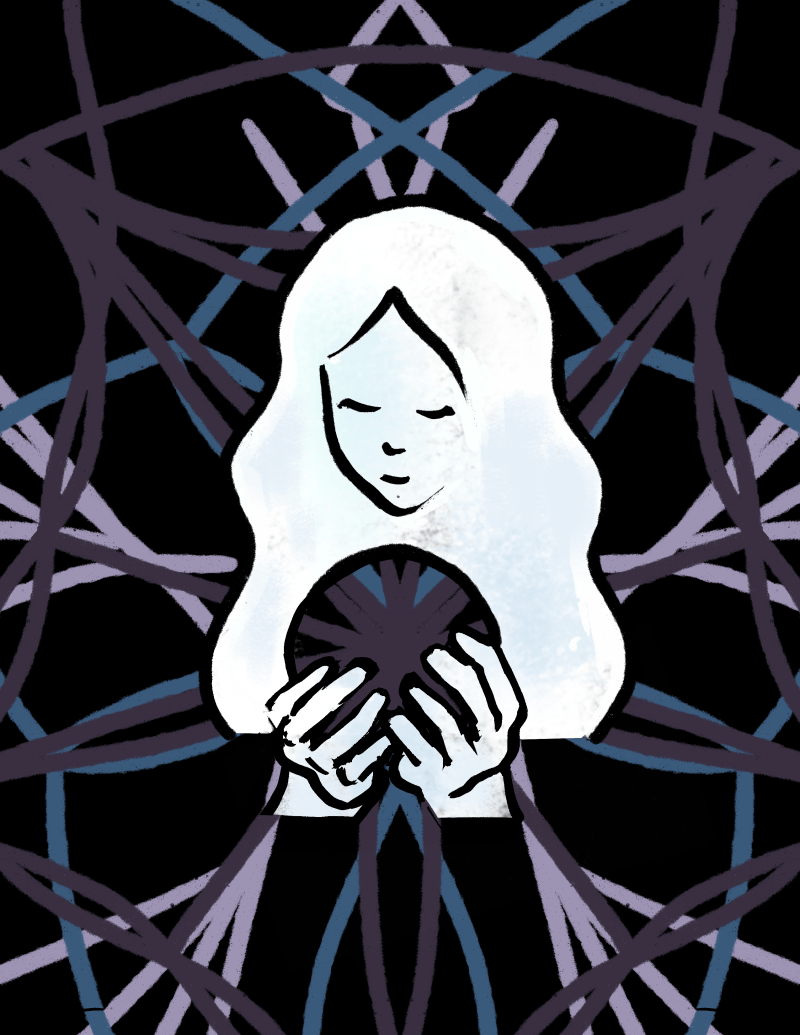 An illustration of a girl holding a ball of yarn. Strands from the ball form a rotationally symetric pattern in the background