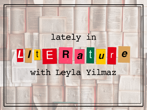 "Lately in Literature with Leyla Yilmaz" text against a background of books.