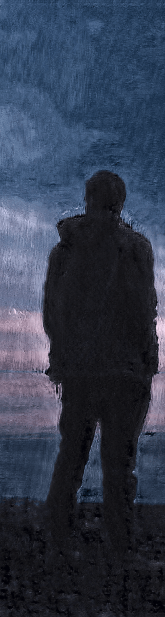 An oil painting on canvas that features the silhouette of person looking out to the shore.
