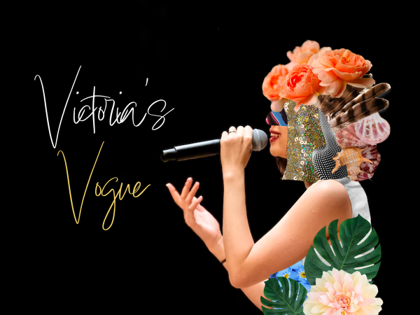 A graphic with a black background, the words "Victoria's Vogue" in cursive, and a collage of a woman singing