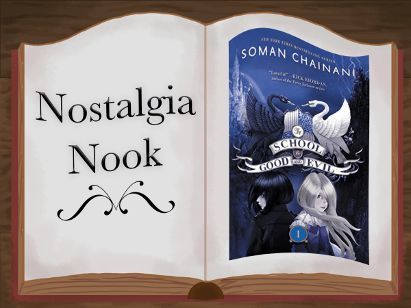 Layout of a book with "Nostalgia Nook" written on the left side and a purple book cover with two girls on the right side.