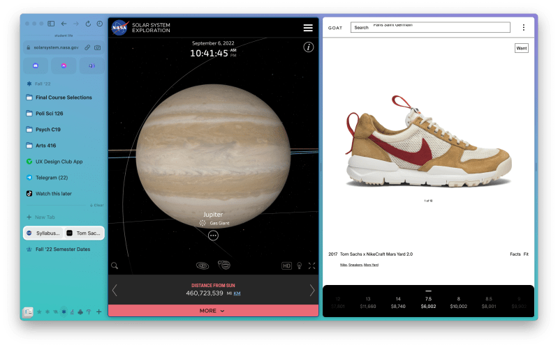 A screenshot of The Browser Company's product in split view.  It features a toolbar/navigation bar on the left, an illustration of Jupiter in the middle, and a Nike shoe on the right.
