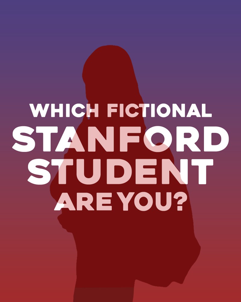 A silhouette of a student with a backpack is drawn on a gradient background of red and indigo. Large letters are typed on top, saying, "Which fictional Stanford student are you?"