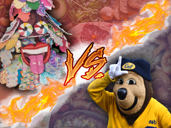 A graphic with a goofy Stanford tree in the top left corner and a Berkeley bear in the bottom left. The two mascots are in competition, as they are divided by a big "VS." There are various food items in the background, such as fruit and fries.