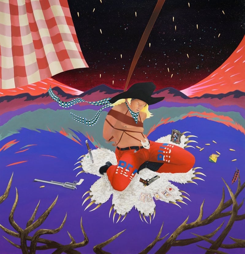 A painting of a emaciated, obscure figure wearing flaming red pants, a tan shirt and a cowboy hat. In the background are guns, pokers and what resembles volcanoes and outerspace