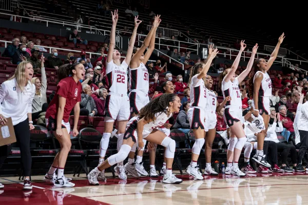 Women's basketball players celebrate with their hands in the air at the side of the court