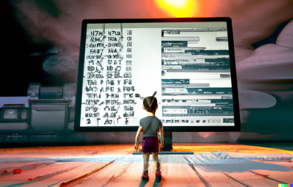 A small woman standing on a desk looking into a giant computer screen with code on it