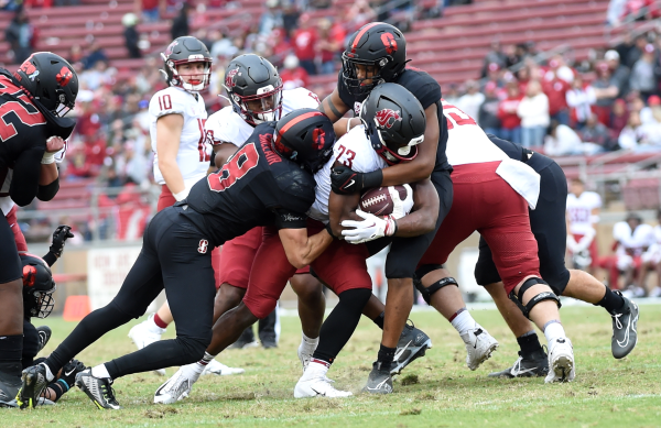 Stanford defenders gang up to tackle a Washington State ballcarrier this past Saturday.
