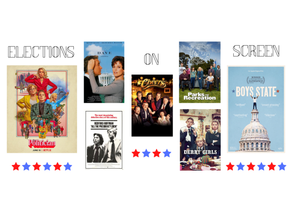 A graphic on a white background of seven movie posters from the article, with the title "ELECTIONS ON SCREEN." The posters sit above blue and red stars