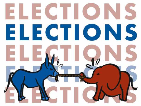 blue donkey and red elephant play tug of war against the backdrop of "ELECTIONS" written five times in red and blue